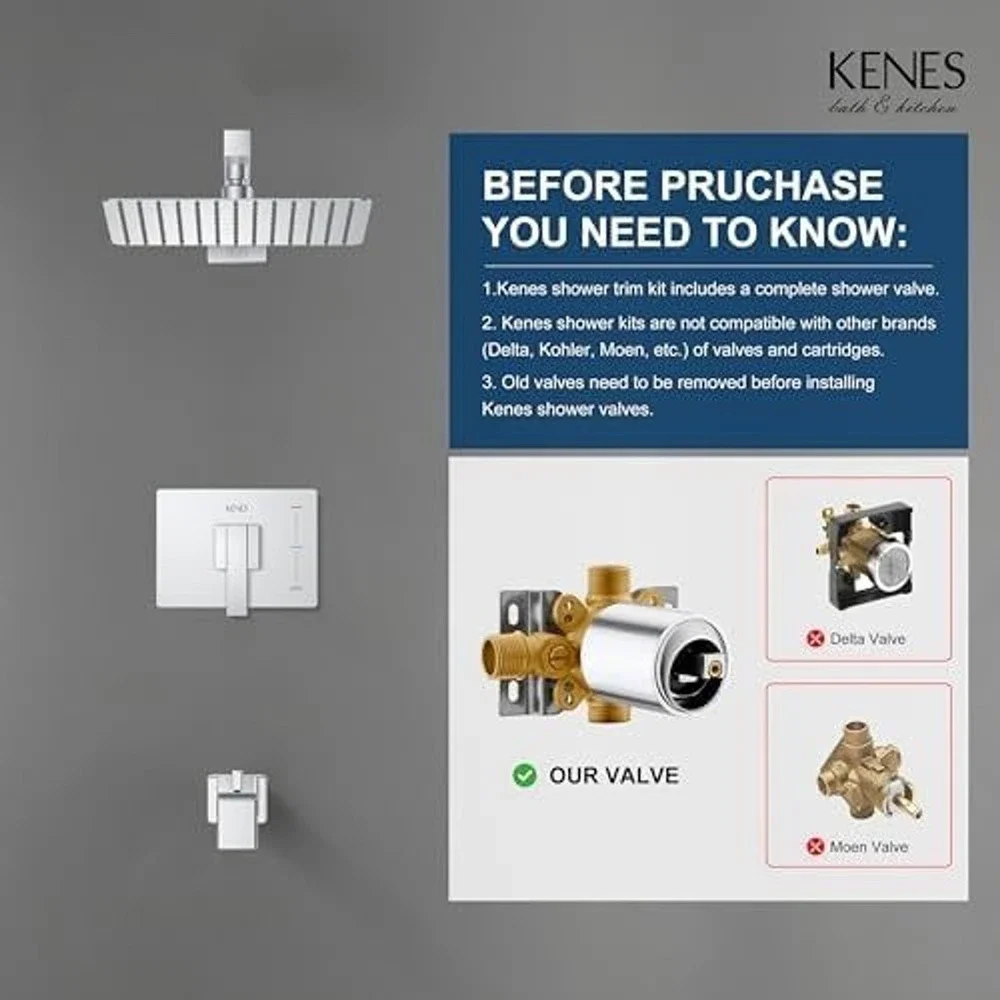 KENES Tub Shower Faucet Set Rainfall Shower Head with Valve & Spout Chrome